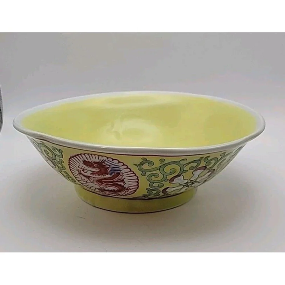 Vintage Asian Hand Painted Yellow Dragon Bowl 7⅝'' x 2½